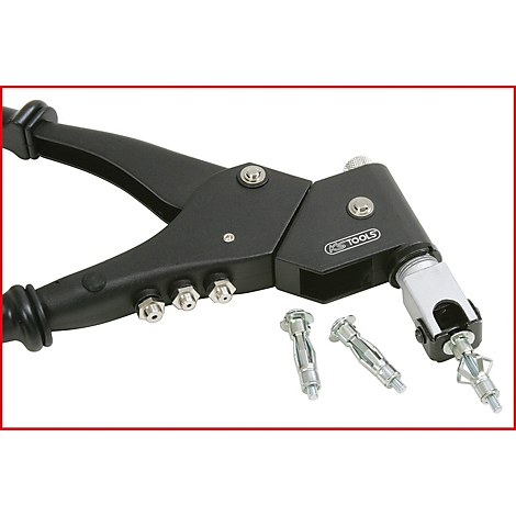 Schwarze Nietzange mit Nieten, Produktabbildung vor rotem Hintergrund.